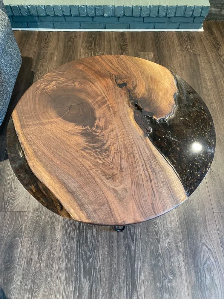 Round walnut slab with coffee bean epoxy fill