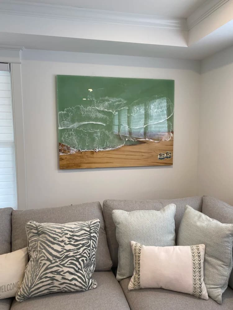 Ocean wave resin wall art on wood panel
